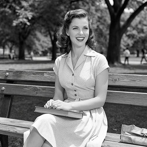 Black-and-white photograph of a smiling 1950s-style woman with wavy hair, wearing a polka-dot dress, sitting on a park bench
