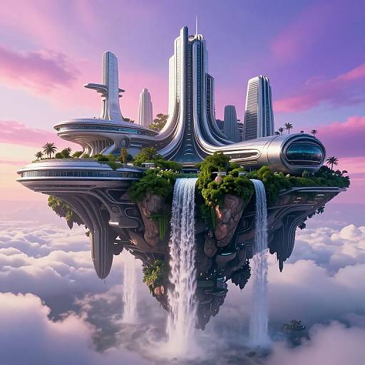 Digital artwork of a futuristic, floating city with sleek, metallic skyscrapers, waterfalls, greenery, and pink-purple sunset sky, hovering above