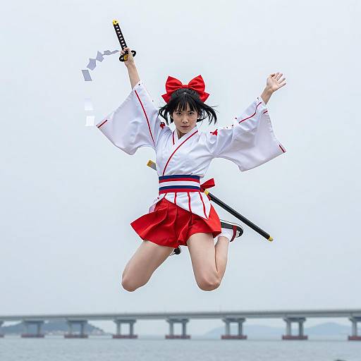 Dynamic Asian Woman in Miko Outfit