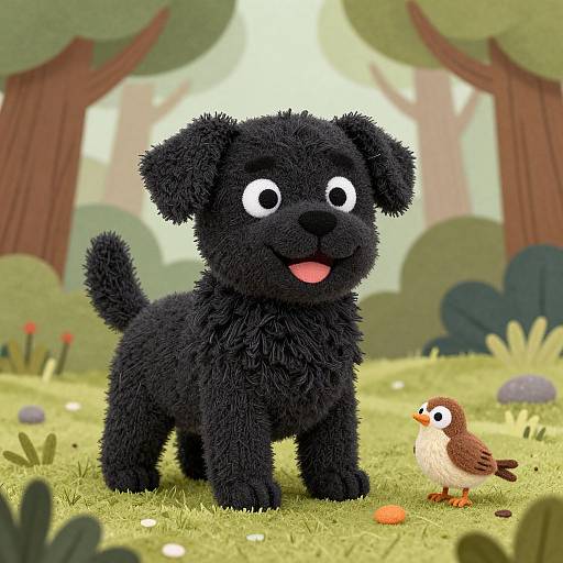 Digital illustration of a fluffy black puppy with large white eyes and pink tongue, standing in a sunny forest, next to a small brown bird with a white
