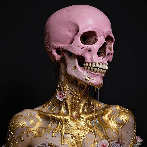 Digital artwork of a pink, dripping skull with gold, ornate patterns on a bare, pale neck against a black background.