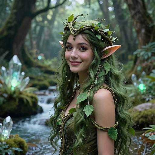 Digital fantasy artwork of a green-haired, elf-like woman with pointed ears, wearing a leafy crown, in a magical forest with glowing crystals and a