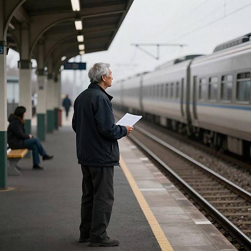 Elderly Man Awaiting Train at Platform