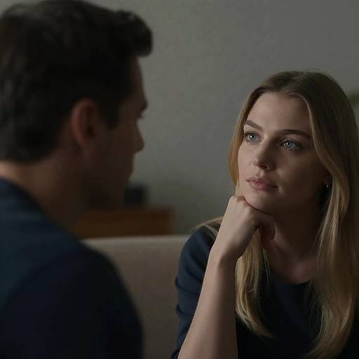 Photograph of a serious blonde woman with blue eyes, wearing a black top, resting her chin on her hand, facing a man with dark hair,