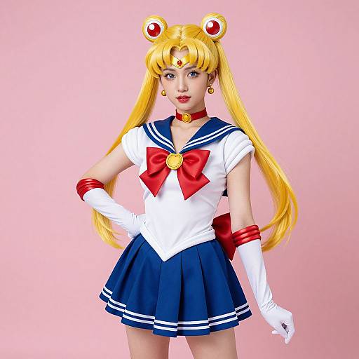 Digital art of a blonde woman in a Sailor Moon cosplay, wearing a blue and white sailor uniform, red bow, gloves, and hair buns,