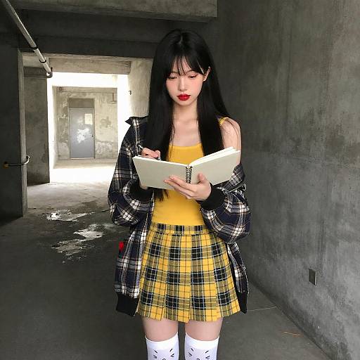 Young Woman in Plaid Hallway