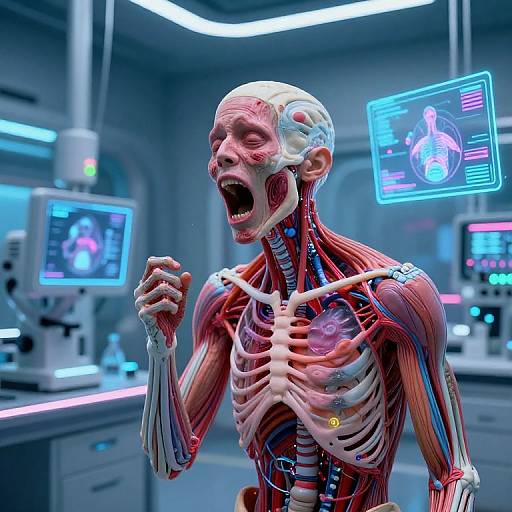 CGI image of a screaming, cybernetic humanoid with exposed muscles and bones, neon-lit lab background, monitors displaying data.