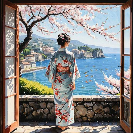 Woman in Kimono Overlooking Seaside Garden