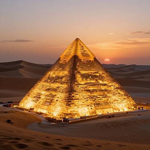 Photograph of the illuminated Great Pyramid of Giza at sunset, glowing golden against a pink-orange sky, with desert dunes in the background.