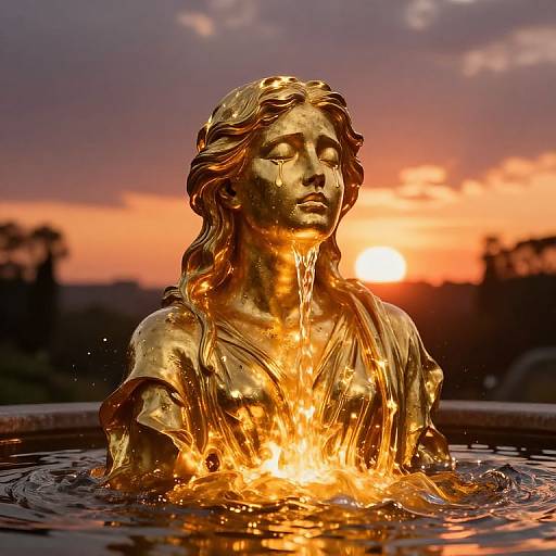 Golden statue of serene woman with flowing hair, partially submerged in water, illuminated by sunset, with vibrant orange and purple sky.