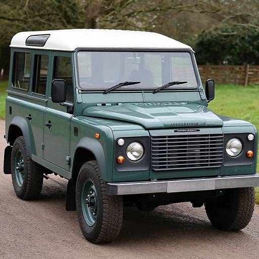 Photograph of a green Land Rover Defender with a white roof, driving on a gravel path in a wooded area.