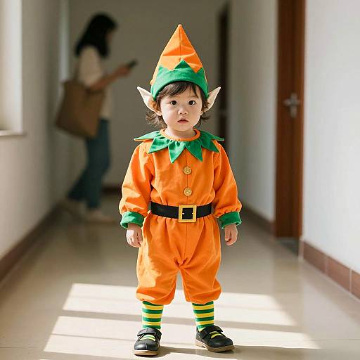 Toddler in Orange Elf Costume