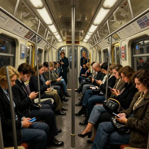 Photograph of a subway car with diverse passengers in business attire, sitting and using smartphones, under fluorescent lighting. Two conductors stand near the back.