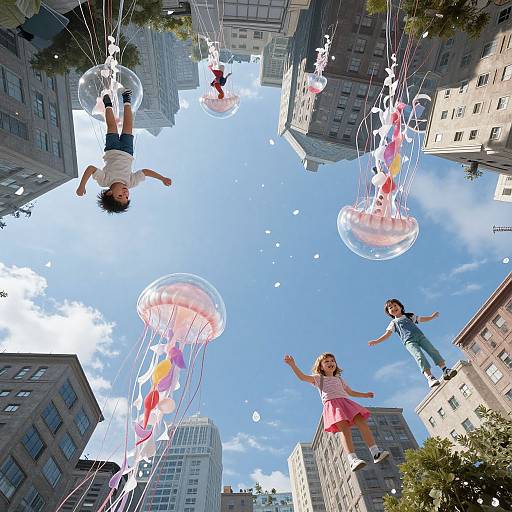 Photograph of four children floating in jellyfish-like bubbles above a cityscape, with tall buildings surrounding a bright blue sky.