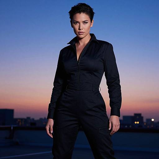 Photograph of a confident woman with short, curly black hair in a black, long-sleeve jumpsuit against a twilight sky with gradient blue and