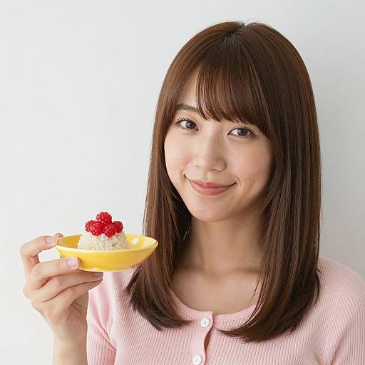 Cheerful Asian Woman with Yellow Dish