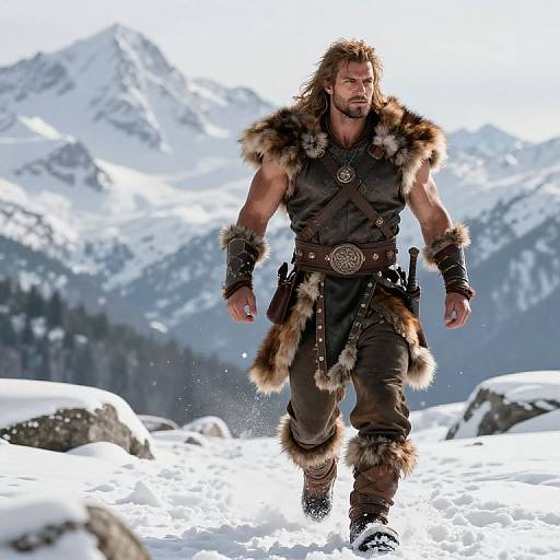 Photograph of a muscular man with long brown hair, wearing a fur-trimmed, dark brown Viking-style outfit, walking through snow-covered mountains,