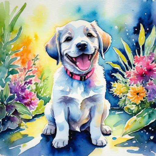 Joyful Puppy Under Neon Garden Lights