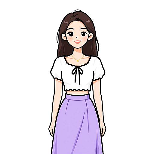 Digital anime-style drawing of a smiling young woman with long brown hair, wearing a white crop top with black tie and a lilac high-waisted