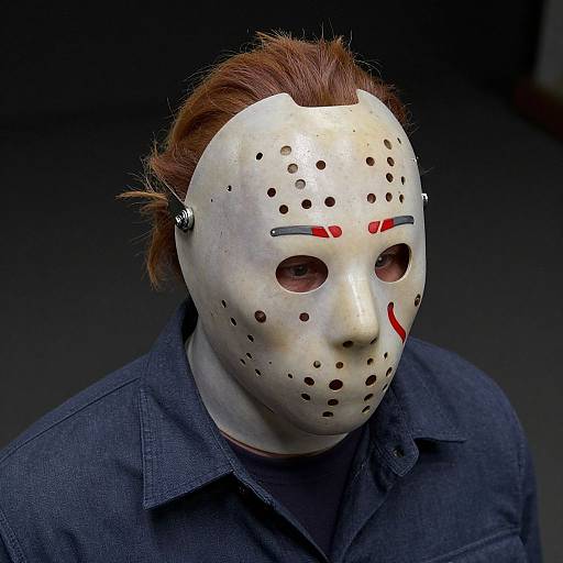 Photograph of a person wearing a pale white Jason Voorhees mask with brown hair, black holes for eyes, and red scars, in a dark