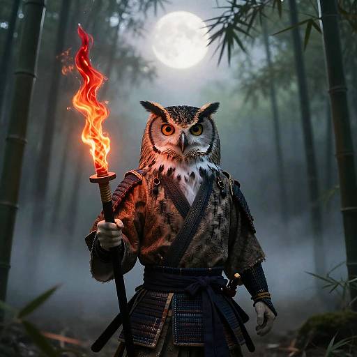 Samurai Owl in Moonlit Bamboo Grove