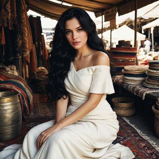 Elegant Woman in Ivory Gown at Antique Market