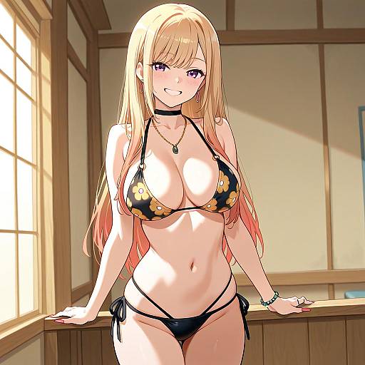 Anime-style digital drawing of a blonde, purple-eyed woman with large breasts in a black floral bikini, standing in a sunlit wooden room.