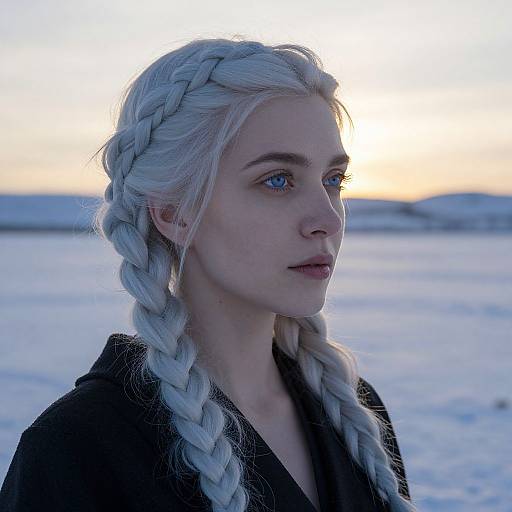 Photograph of a young woman with pale skin, long silver braided hair, blue eyes, and a black cloak, standing in a snowy landscape at