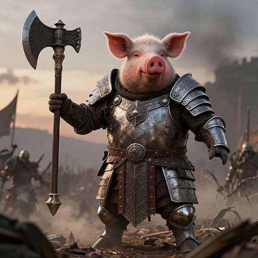 CGI image of a pig warrior in medieval armor holding an ornate axe, standing amid a battlefield with smoke and soldiers.
