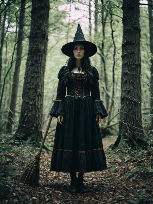 Woman in Witch Costume in Forest