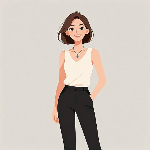 Digital illustration of a smiling woman with short brown hair, wearing a white sleeveless top and black high-waisted pants, standing against a plain white