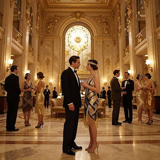 Photograph of a luxurious ballroom with ornate gold decor. Men in black suits, women in gold fringe dresses and heels, stand in elegant poses