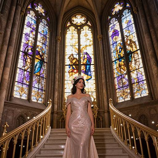 Photograph of a pregnant bride in a shimmering, off-shoulder, silver gown standing at the bottom of a grand, stained glass-lit