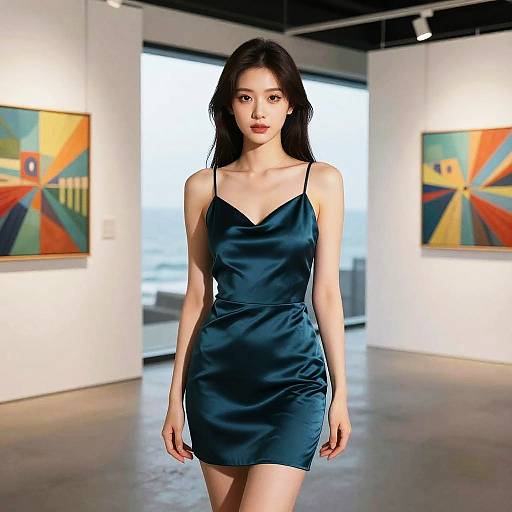 Slim Woman in Teal Satin Dress