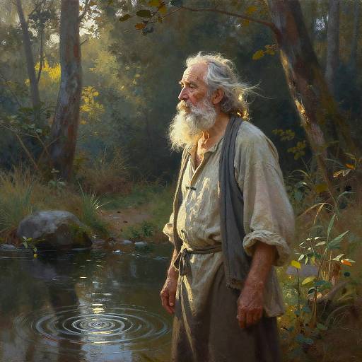 Elderly Man by Forest Stream at Dawn