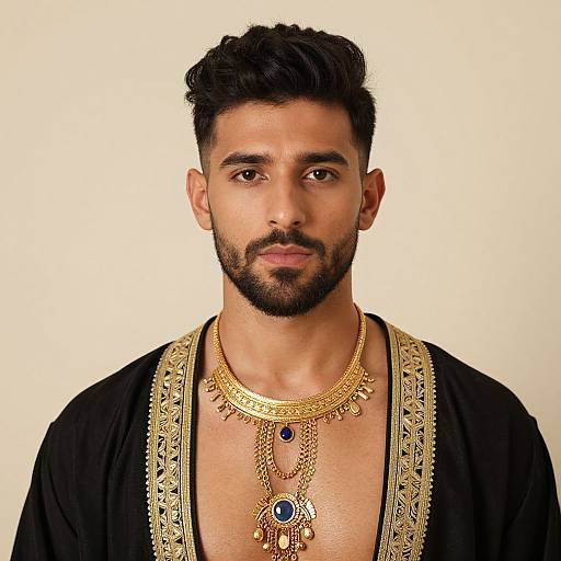 Photograph of a bearded man with dark hair, wearing a black robe with gold embroidery, and ornate gold jewelry with blue stones, against a