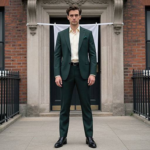 Photograph of a serious, dark-haired man in a black suit, white dress shirt, black shoes, standing in front of a brick building with a
