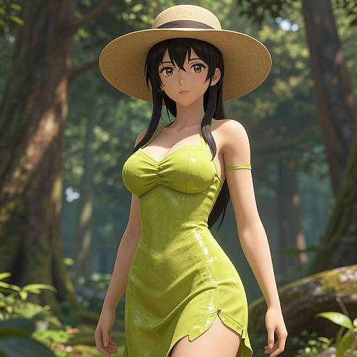 Digital anime-style artwork of a black-haired woman in a yellow dress and straw hat, standing in a sunny forest.