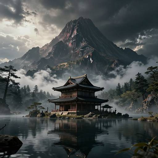 Photograph of a traditional Japanese pagoda on a misty lake, with a towering, rocky mountain in the dramatic, cloudy background.