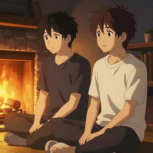 Cozy Anime Boys by Fireplace