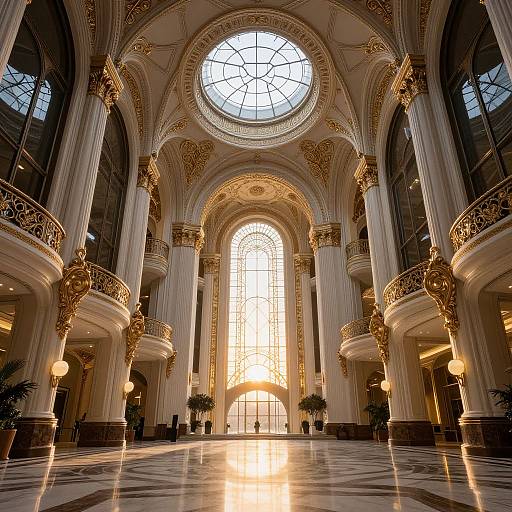 Grand, ornate, neoclassical interior with towering columns, large circular skylight, and intricate gold detailing. Sunlight streams through central
