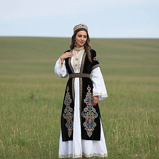 Photograph of a woman in traditional Eastern European folk dress, standing in a green grassy field, wearing a black embroidered vest over a white blouse and