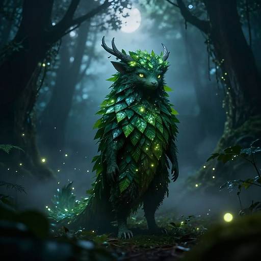Digital fantasy artwork of a glowing, green-feathered, antlered creature with luminescent eyes standing in a mystical, moonlit forest,