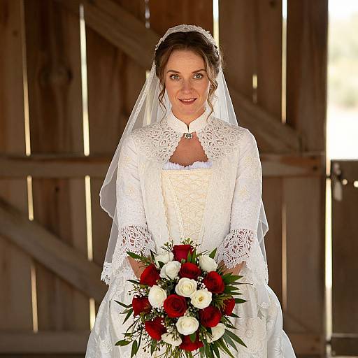 Photograph of a smiling bride in a white lace wedding dress with long sleeves, holding a red and white flower bouquet, standing in a rustic wooden barn