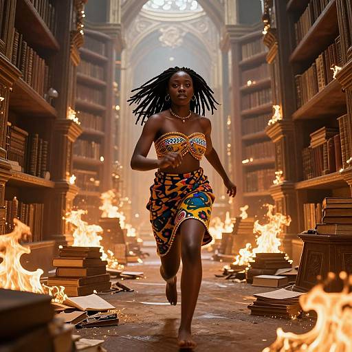 Photograph of a dark-skinned woman with long black dreadlocks, wearing a colorful beaded bandeau and patterned sarong, running through a