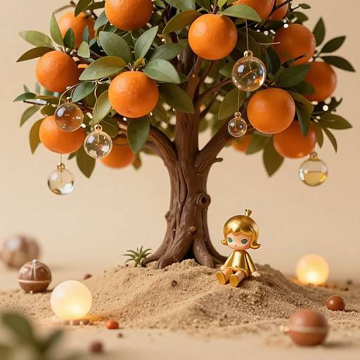 Photograph of a small, golden doll sitting beside a decorated orange tree with hanging glass baubles and surrounded by sandy ground and scattered acorns.