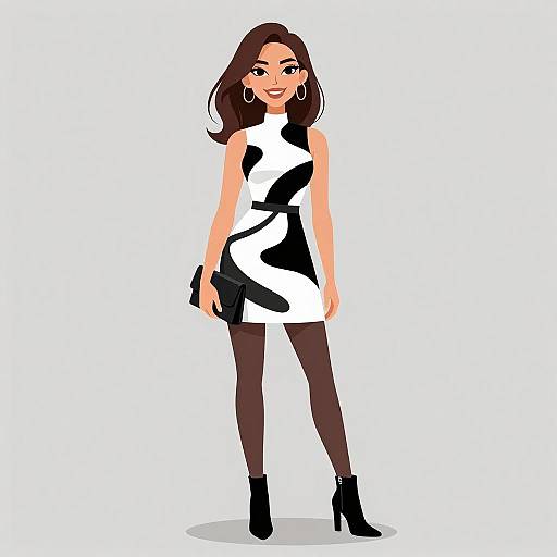 Digital illustration of a stylish woman with dark brown hair, wearing a sleeveless white and black dress, dark tights, black ankle boots, and holding