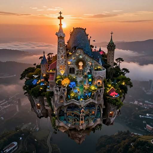 Photograph of a whimsical, illuminated, fairy-tale castle floating in the sky at sunset, surrounded by mist and colorful lights.
