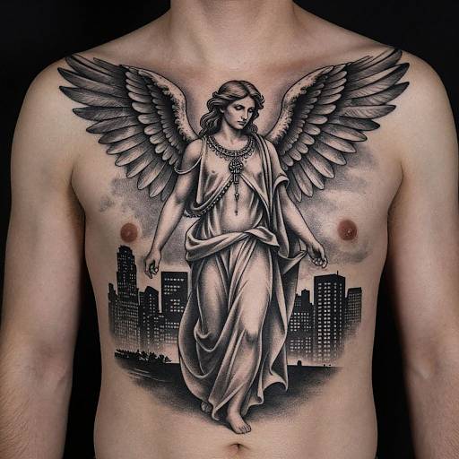 Photograph of a tattooed, shirtless man with a grayscale angel tattoo featuring large wings, classical robe, necklace, and cityscape background.