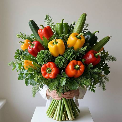 Photograph of a vibrant bouquet featuring colorful bell peppers (red, yellow, orange), cucumbers, green beans, and fresh herbs, held by